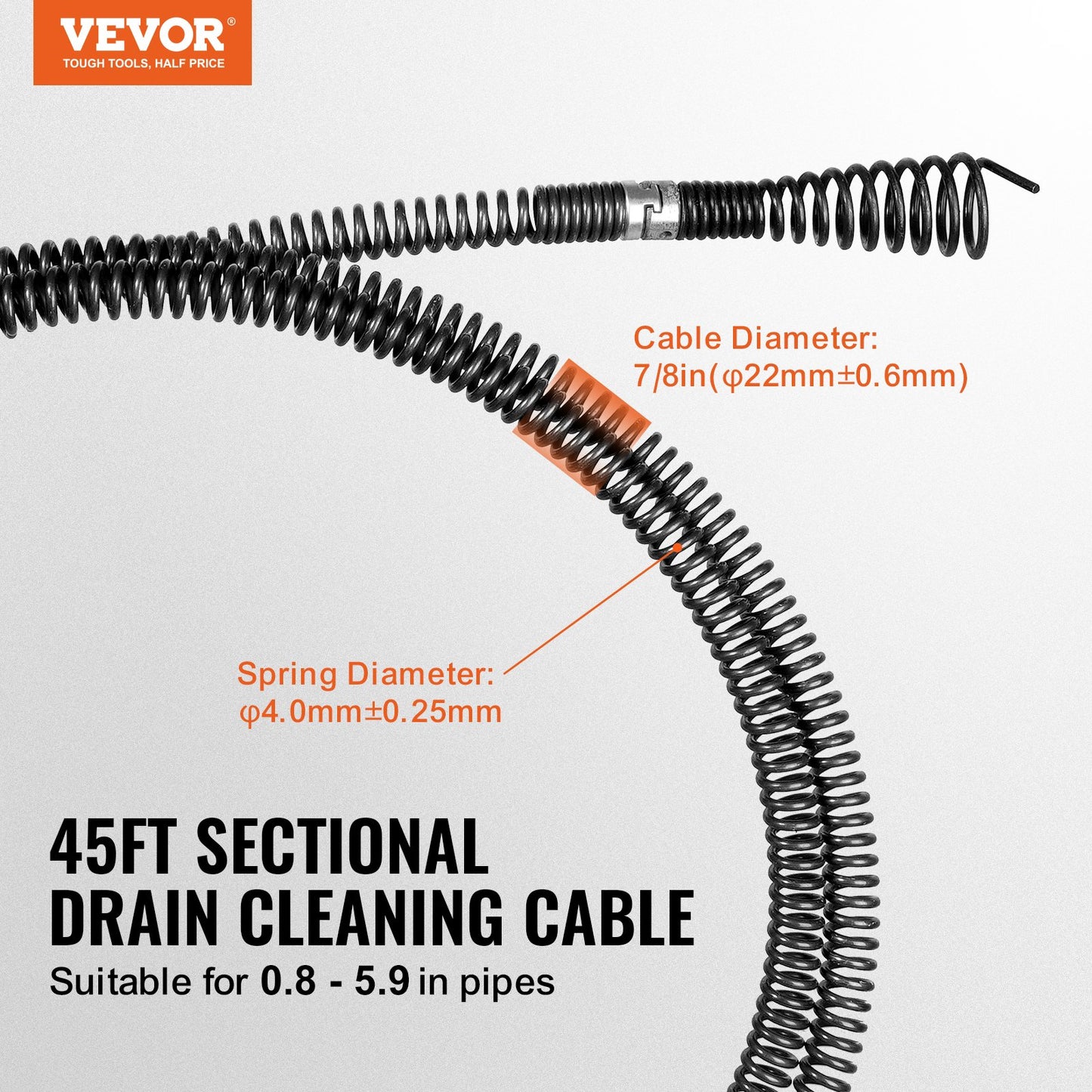 Sectional Drain Cleaning Cable 45FTx7/8In &amp; 6 Cutters for 0.8"-5.9" Pipe