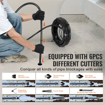 Sectional Drain Cleaning Cable 45FTx7/8In &amp; 6 Cutters for 0.8"-5.9" Pipe