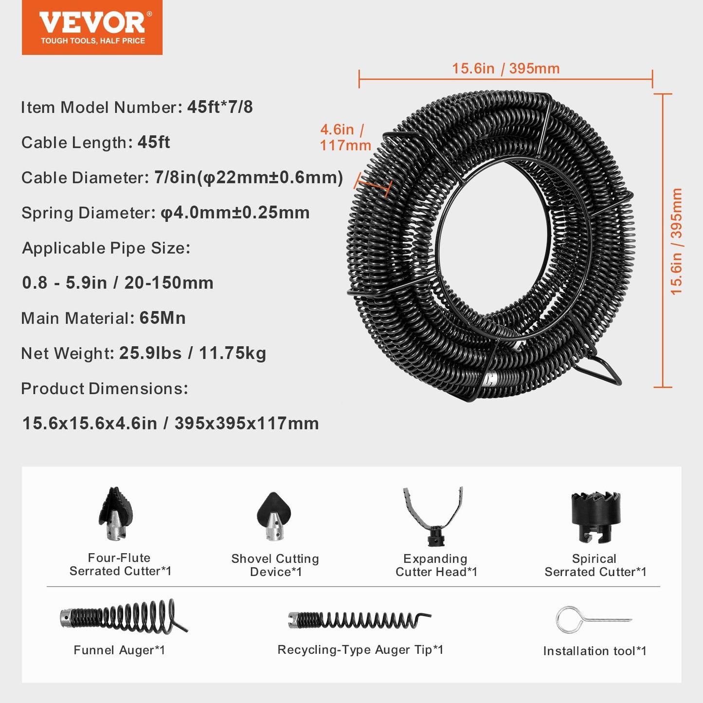 Sectional Drain Cleaning Cable 45FTx7/8In &amp; 6 Cutters for 0.8"-5.9" Pipe