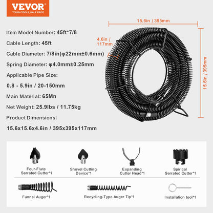 Sectional Drain Cleaning Cable 45FTx7/8In &amp; 6 Cutters for 0.8"-5.9" Pipe