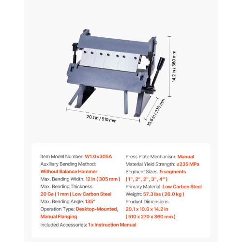 Plåtbroms 12 tum/305 mm Bockningsbredd Låd- och pannbroms 0–135° 20 Ga Plåtbockningsbroms 5 fingrar |  EU