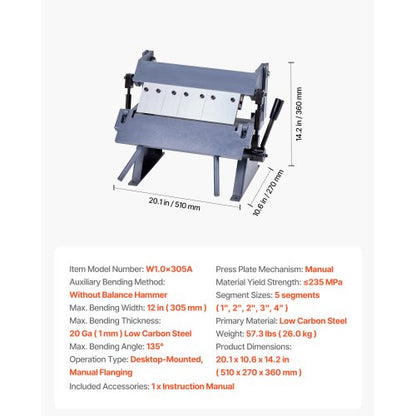 Plåtbroms 12 tum/305 mm Bockningsbredd Låd- och pannbroms 0–135° 20 Ga Plåtbockningsbroms 5 fingrar |  EU
