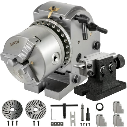 Teilapparat 4 Zoll Indexierkopf Fräsen 100MM Semi-Universal-Teilapparat 4 Zoll 3-Backen-Futter Teilapparatsatz mit Indexplatten und Reitstock für Präzisions-Drehtisch