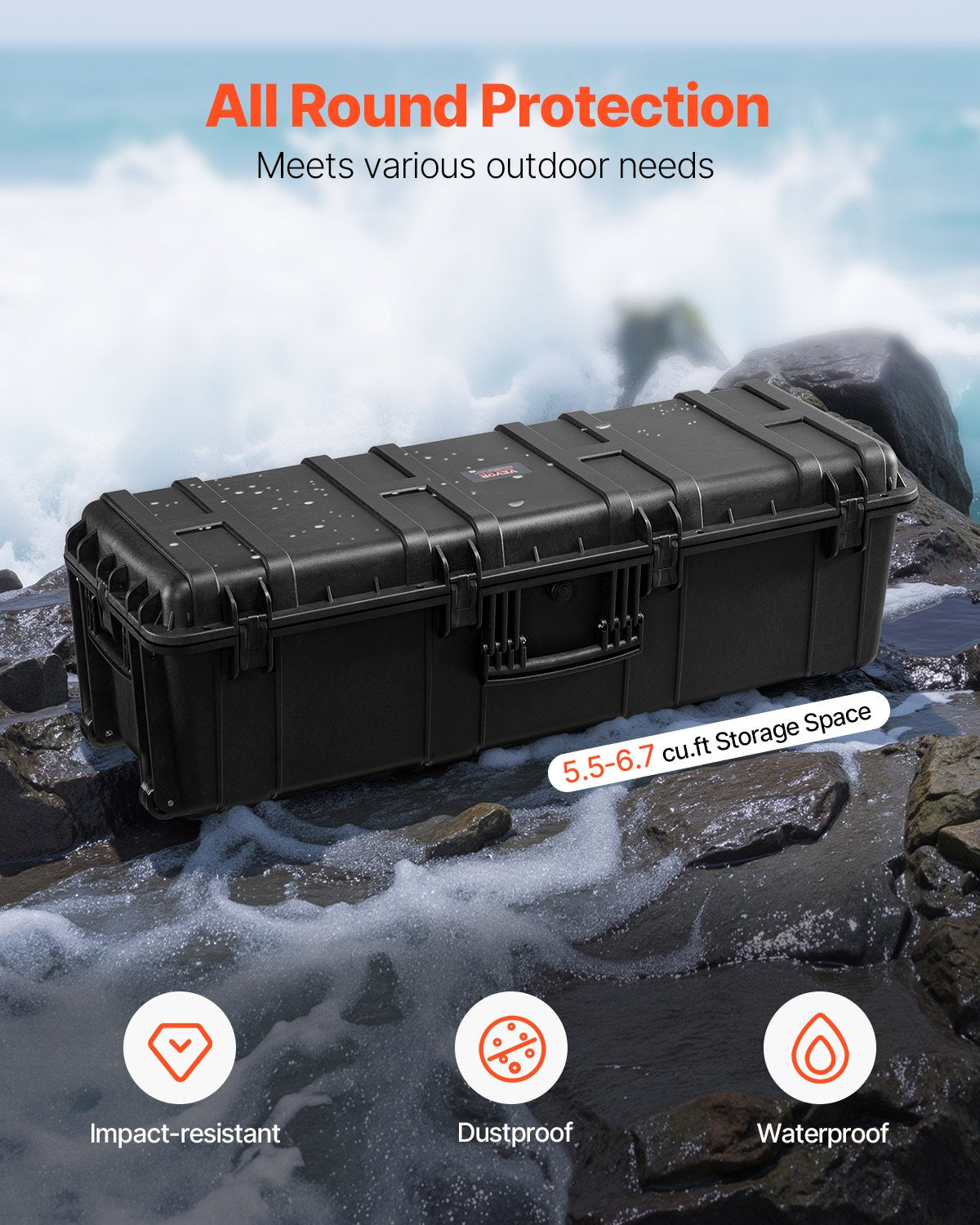 5.5 Cu.ft Weatherproof Hard Case with 3 Handles, Large Capacity, Black