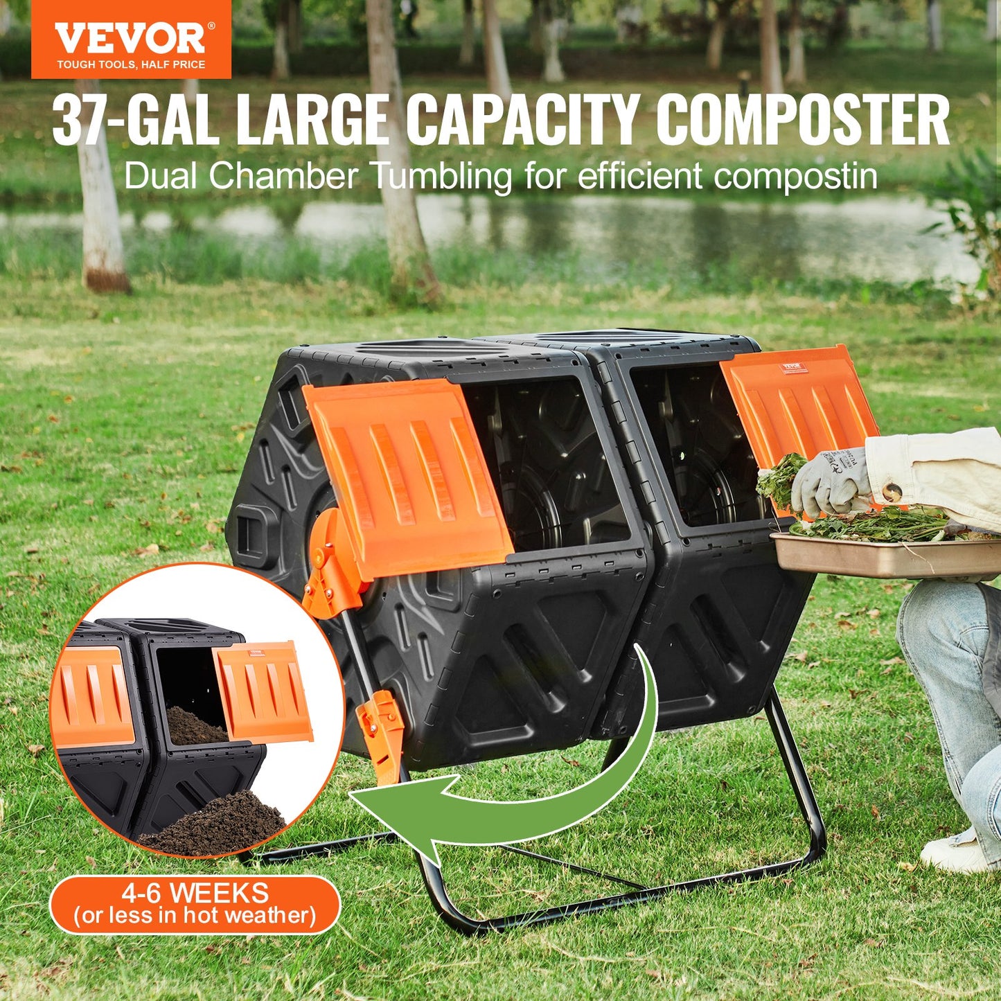 Compost Bin, 37-Gal Dual Chamber Composting Bin, Two High Volume Rotating Chambers with 2 Sliding Doors and Steel Frame, BPA Free Compost Bin for Garden, Kitchen, Yard, Outdoor