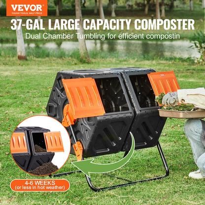 Compost Bin, 37-Gal Dual Chamber Composting Bin, Two High Volume Rotating Chambers with 2 Sliding Doors and Steel Frame, BPA Free Compost Bin for Garden, Kitchen, Yard, Outdoor