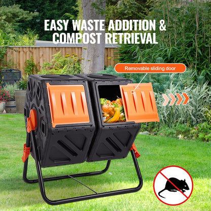 Compost Bin, 37-Gal Dual Chamber Composting Bin, Two High Volume Rotating Chambers with 2 Sliding Doors and Steel Frame, BPA Free Compost Bin for Garden, Kitchen, Yard, Outdoor