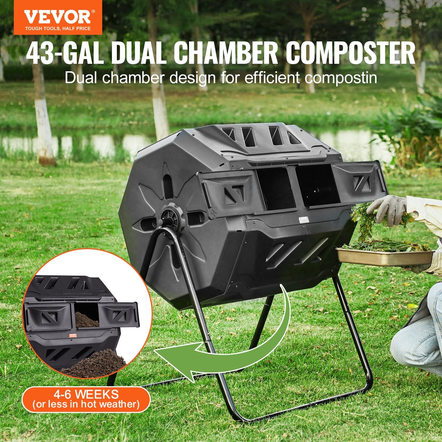 Compost Bin, 43-Gal Double Chamber Composting Bin, Large Tumbling Rotating Compost with 2 Sliding Doors and Steel Frame, BPA-Free Compost Bin for Garden, Kitchen, Yard, Outdoor