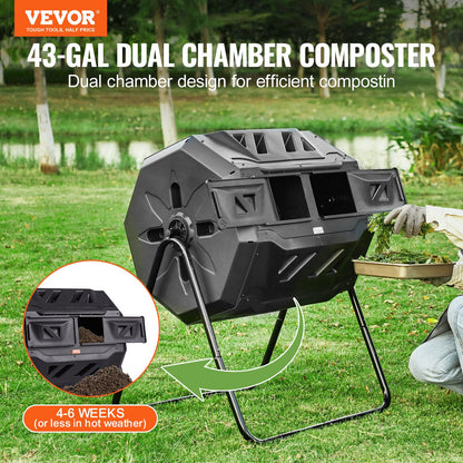 Compost Bin, 43-Gal Double Chamber Composting Bin, Large Tumbling Rotating Compost with 2 Sliding Doors and Steel Frame, BPA-Free Compost Bin for Garden, Kitchen, Yard, Outdoor