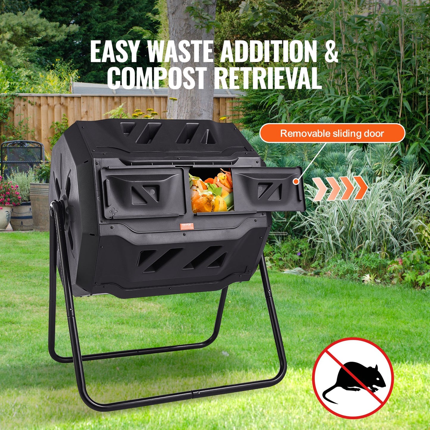 Compost Bin, 43-Gal Double Chamber Composting Bin, Large Tumbling Rotating Compost with 2 Sliding Doors and Steel Frame, BPA-Free Compost Bin for Garden, Kitchen, Yard, Outdoor
