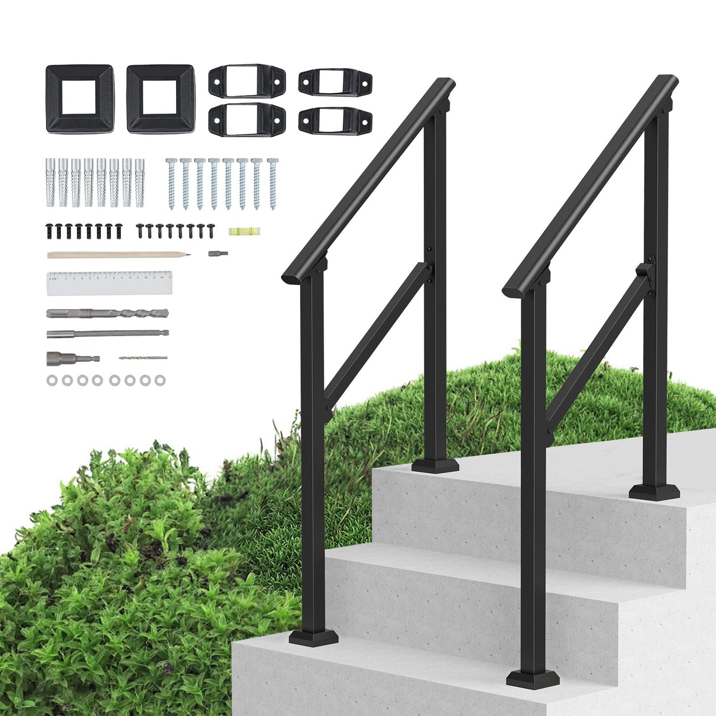 2 PCS 2-3 Handrails for Outdoor for Seniors Porch Deck Black Square Tube
