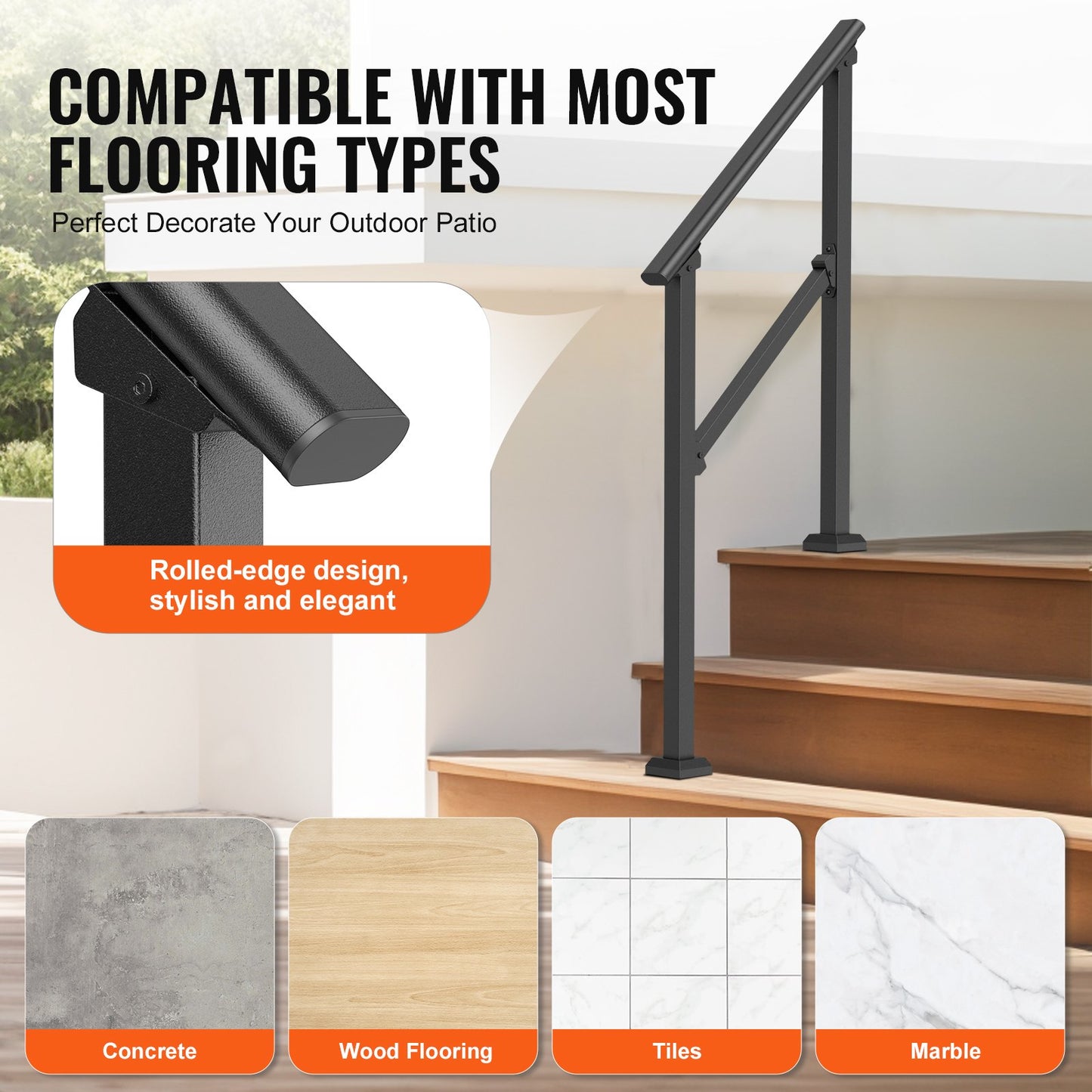 2-3 Outdoor Handrails for Seniors Porch Deck Black Square Tube Steel