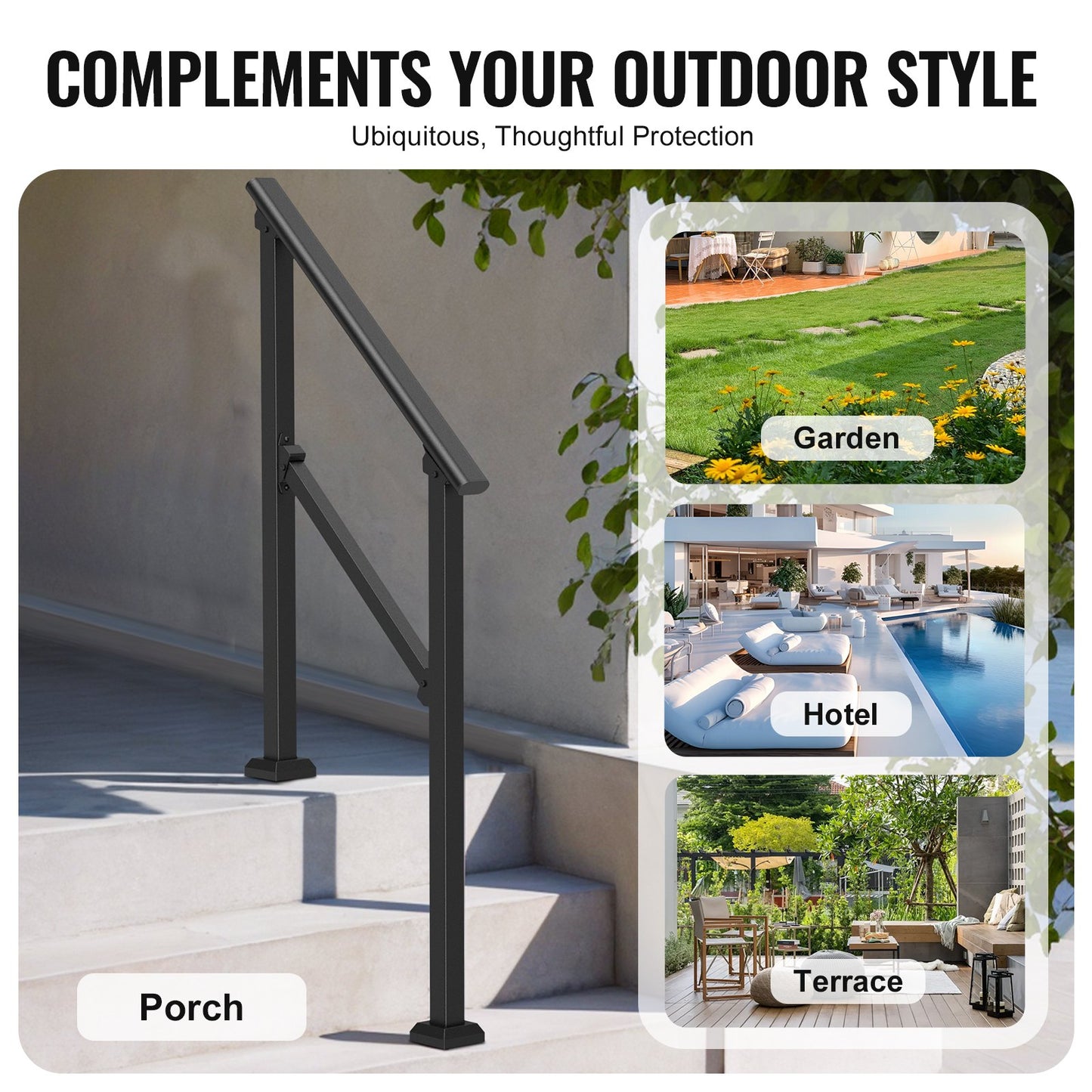 2-3 Outdoor Handrails for Seniors Porch Deck Black Square Tube Steel