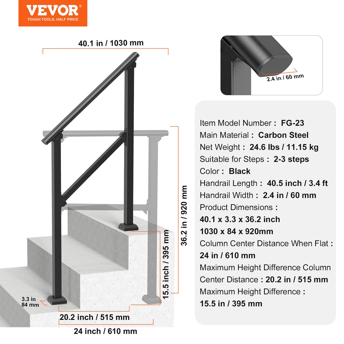2-3 Outdoor Handrails for Seniors Porch Deck Black Square Tube Steel