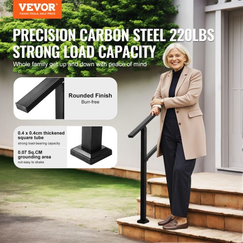 Outdoor Handrail for 2-3 Step Stairs Black Square Tube Easy Installation | EU