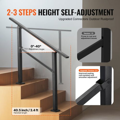 Outdoor Handrail for 2-3 Step Stairs Black Square Tube Easy Installation | EU