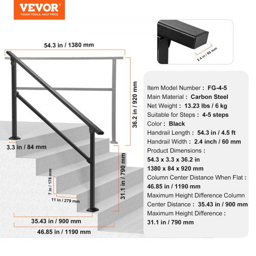 Outdoor Handrail for 4-5 Step Stairs Black Square Tube Easy Installation | EU