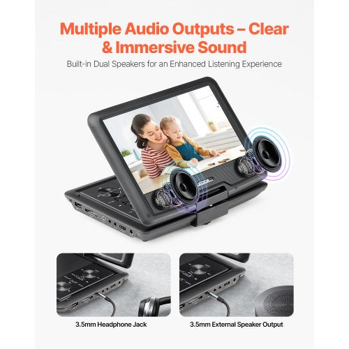 Tragbarer DVD-Player, 256 mm HD-Schwenkbildschirm, 4 Stunden Akkulaufzeit