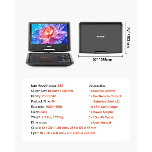 Tragbarer DVD-Player, 256 mm HD-Schwenkbildschirm, 4 Stunden Akkulaufzeit