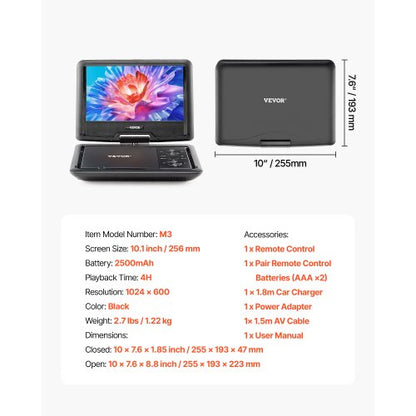 Tragbarer DVD-Player, 256 mm HD-Schwenkbildschirm, 4 Stunden Akkulaufzeit