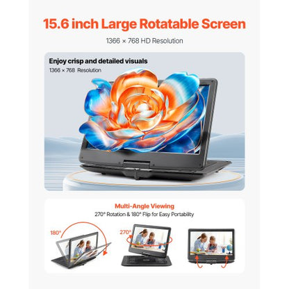 Bärbar DVD-spelare 396 mm HD Vridbar Skärm 4,5-5 Timmars Batteritid