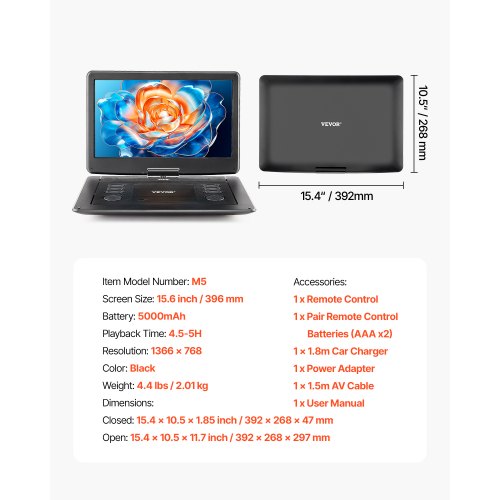 Bärbar DVD-spelare 396 mm HD Vridbar Skärm 4,5-5 Timmars Batteritid