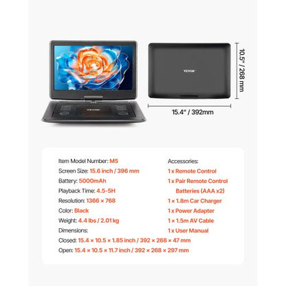 Bärbar DVD-spelare 396 mm HD Vridbar Skärm 4,5-5 Timmars Batteritid