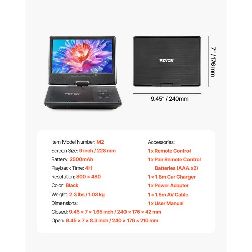 Portable DVD Player 228 mm Swivel Screen 4 Hour Built-in Battery