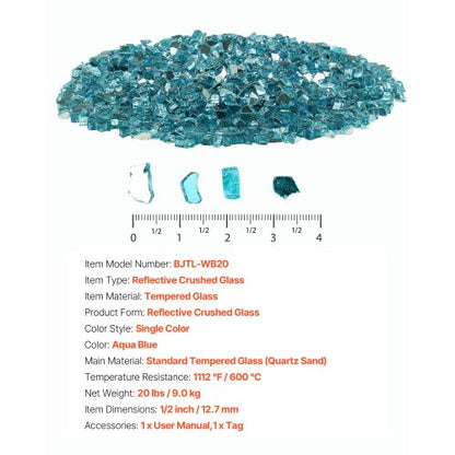 20 LBS Fire Glass 1/2-Inch Fire Glass Stones for Fireplace Aqua Blue | EU