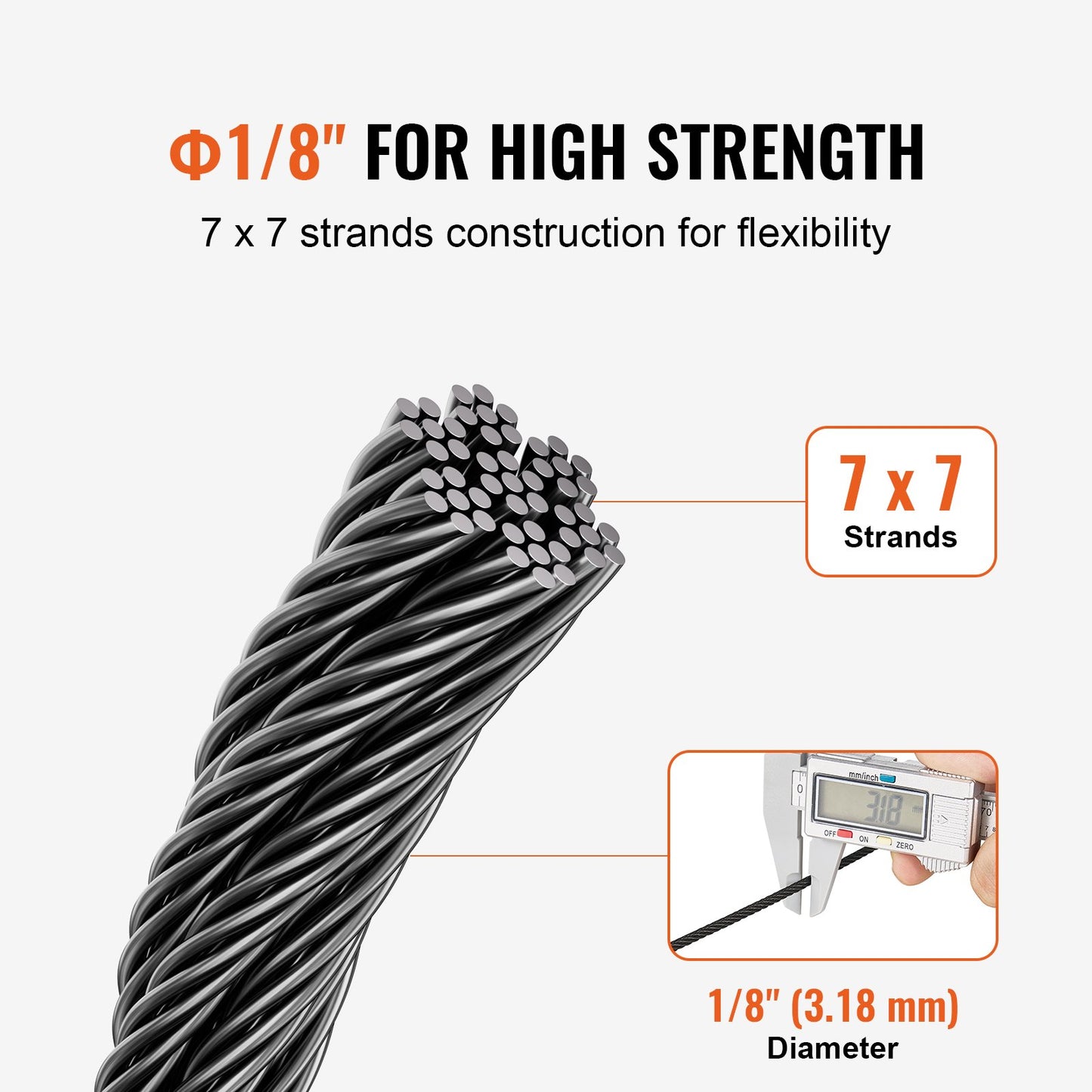 T316 kabel av rostfritt stål 1/8" 7x7 stålvajer 500 fot kabelräcke