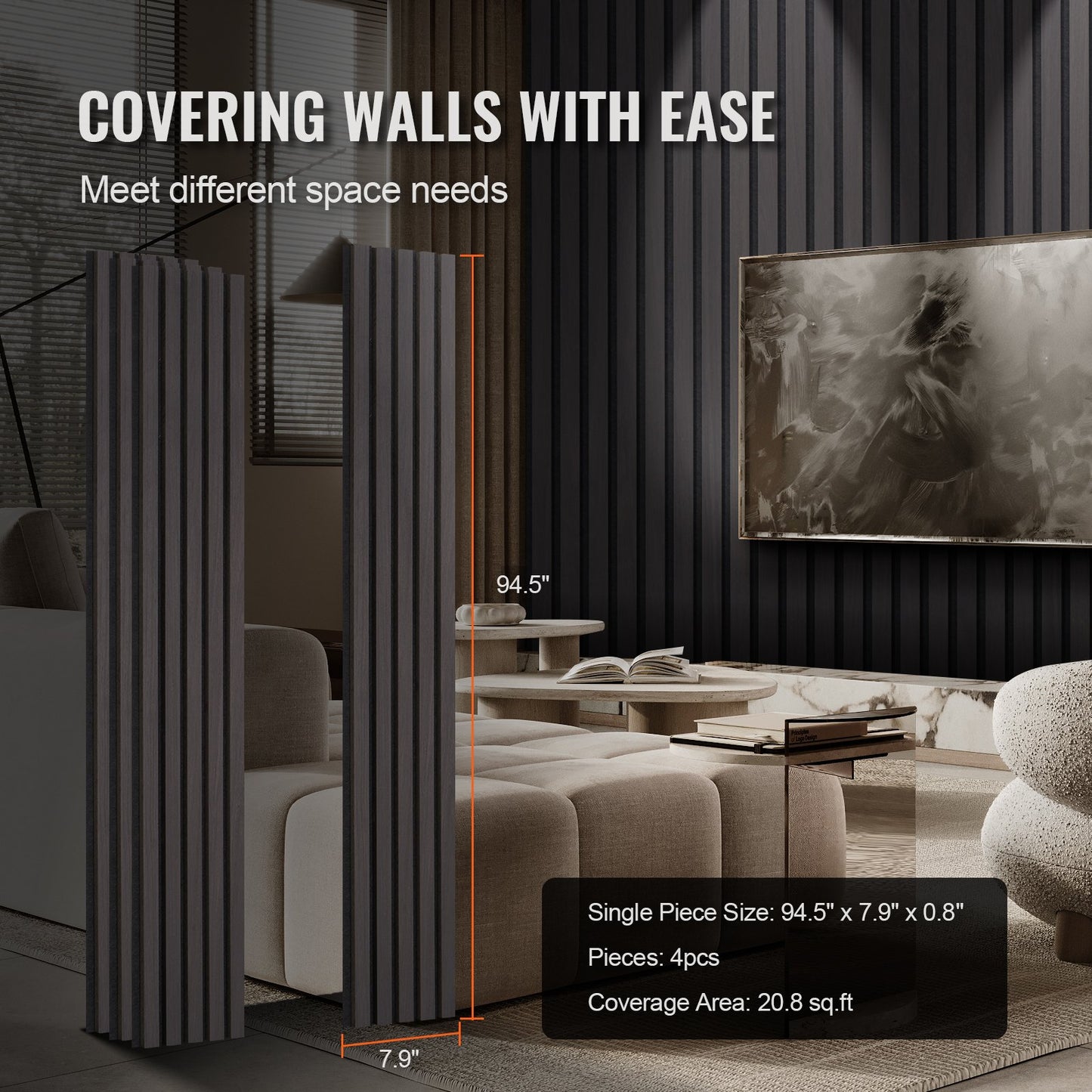 Trälameller akustikpaneler 7,9 x 94,5 tum för modern väggdekor svart ek