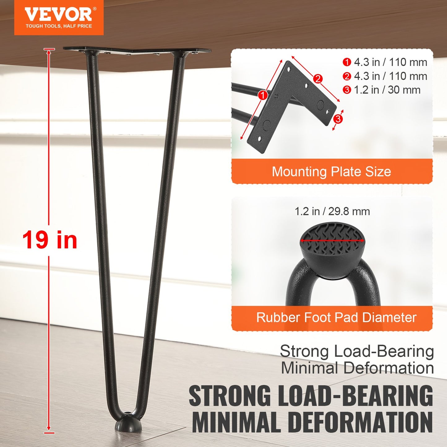 482.6MM Hairpin Furniture Legs, DIY Metal Projects for Nightstands, Coffee Tables, Desks, 226.8kg Load Capacity with Rubber Floor Protectors, Heavy Duty Metal, Sturdy Modern Table Legs, 4 Pcs.