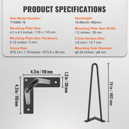 482.6MM Hairpin Furniture Legs, DIY Metal Projects for Nightstands, Coffee Tables, Desks, 226.8kg Load Capacity with Rubber Floor Protectors, Heavy Duty Metal, Sturdy Modern Table Legs, 4 Pcs.