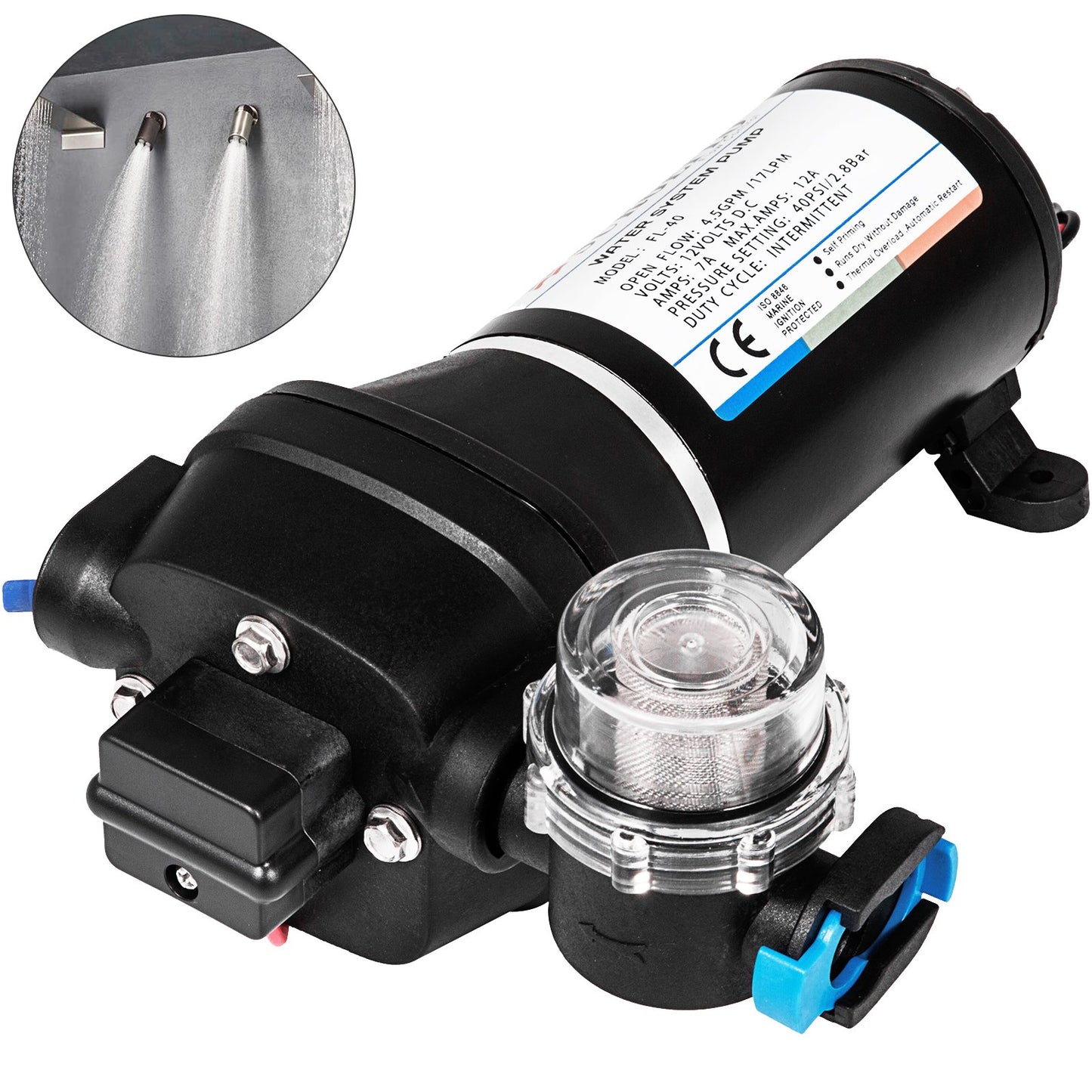 Wasserdruck-Membranpumpe, 12 V FL-40 Hochdruck-Membranwasserpumpe, 40 PSI automatische selbstansaugende Wasserpumpe, 17 l/min Nebelverstärker-Membranpumpe für Wohnwagen, Boot, Wohnmobil, Garten