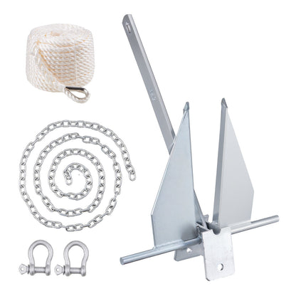 Fluke Anchor Kit, 13 LBS Hot Dip Galvanized Steel Fluke Anchor with 7.9' Chain, 101' Rope and Two 0.4" Buoys, Marine Boat Anchor for Small Vessels Under 30', Oceans, Rivers and Beaches