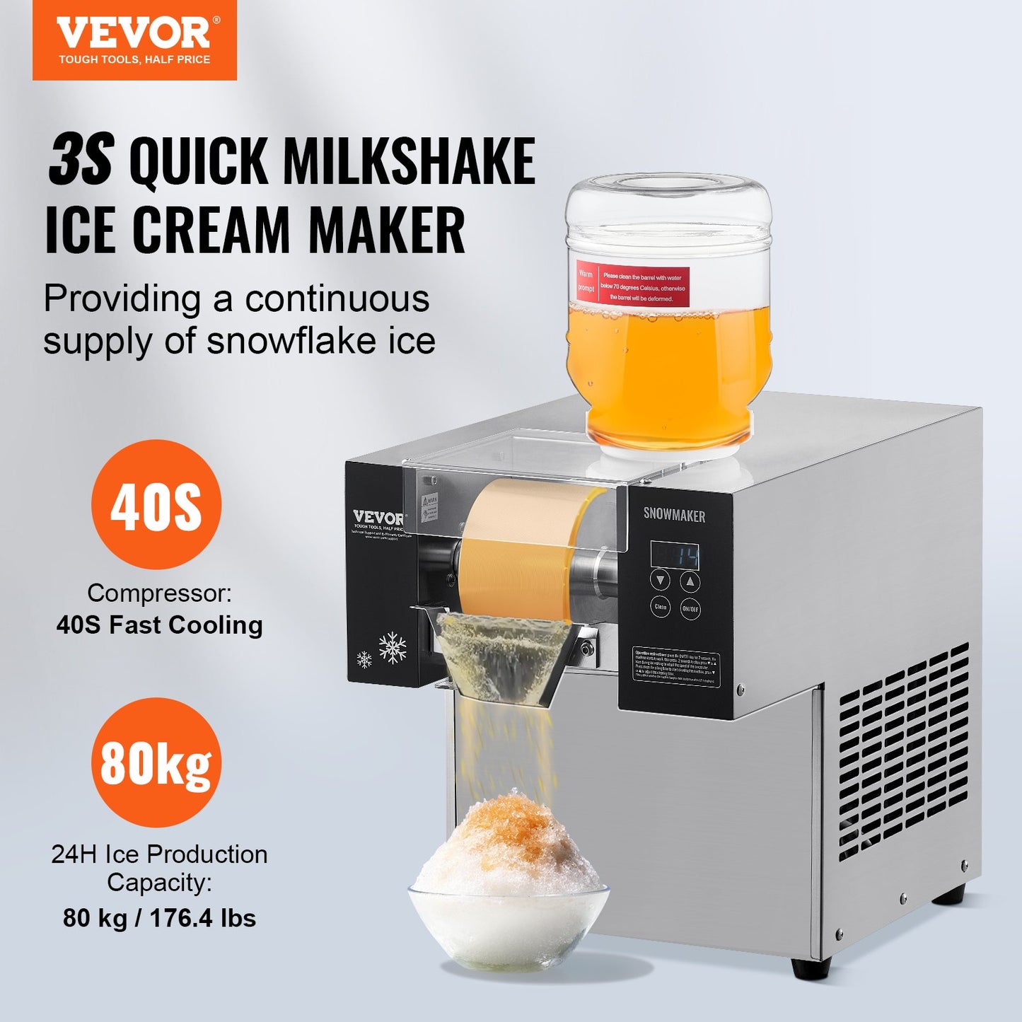 Commercial Snowflake Ice Cream Machine 176LBS/24H Stainless Steel For Ice Cream