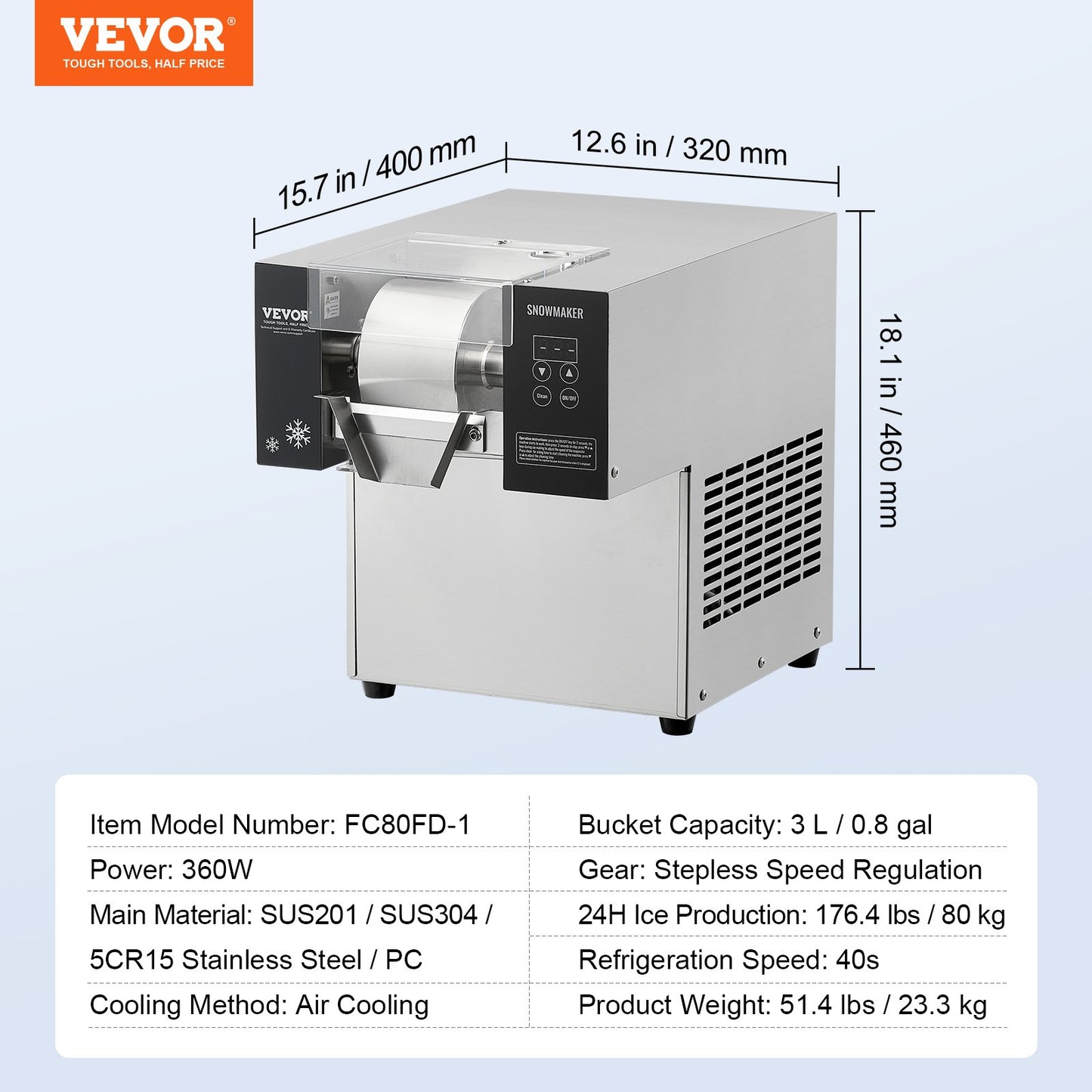 Commercial Snowflake Ice Cream Machine 176LBS/24H Stainless Steel For Ice Cream