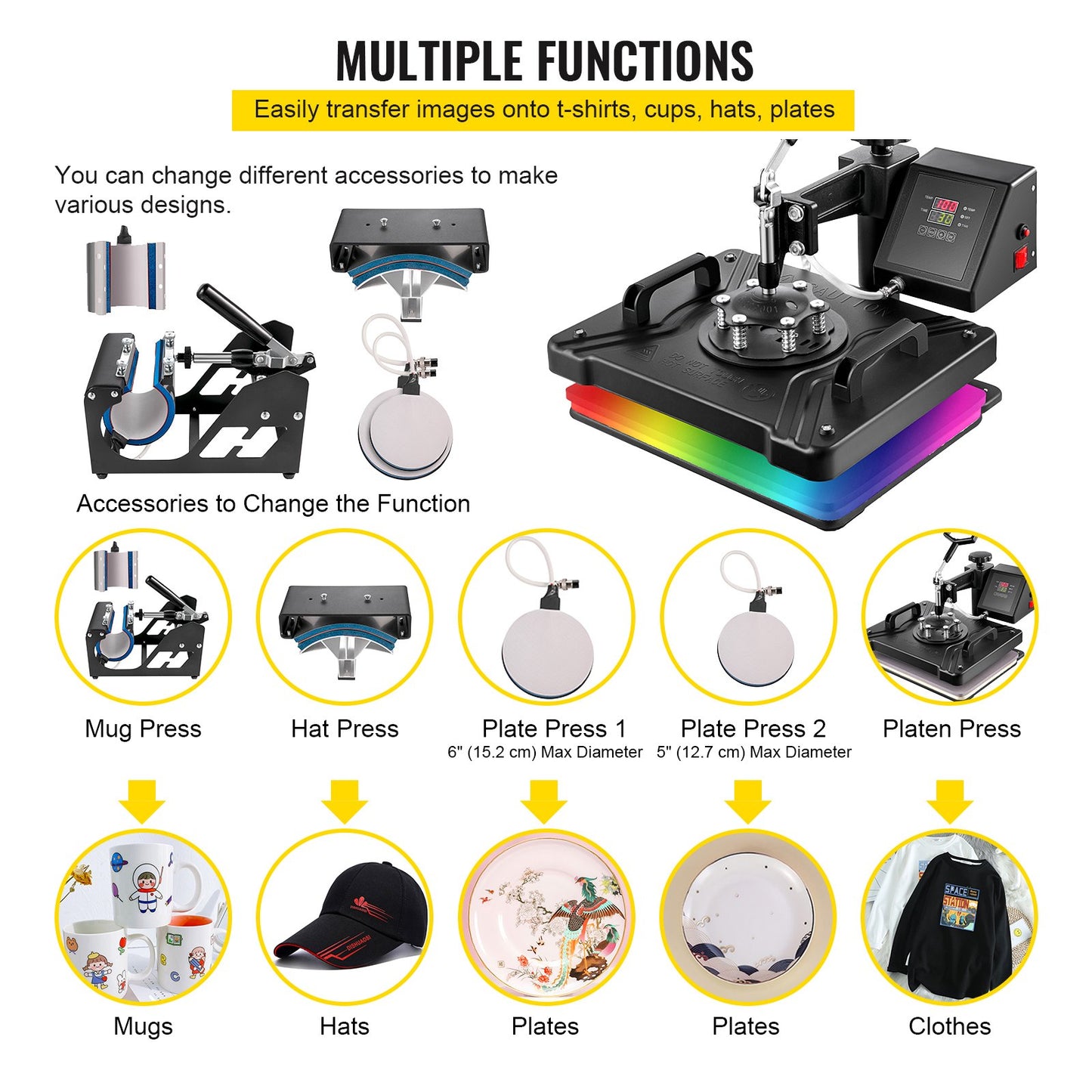 Wärmepresse 6-in-1-Wärmepresse 38 x 30 cm T-Shirt-Presse Tassendruckmaschine Multifunktionale Wärmeübertragungsmaschine für T-Shirt-Becher-Hutplatten-Sublimationsdruck