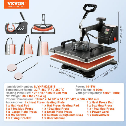 Wärmepresse, 8-in-1-Wärmepresse, 38 x 30 cm, T-Shirt-Presse, Tassendruckmaschine, multifunktionale Wärmeübertragungsmaschine für T-Shirt, Tassen, Hüte, Platten, Sublimationsdruck
