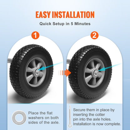 Solid PU Run-Flat Tire Wheels, 10", 2-Pack, 180 lbs Dynamic Load, 220 lbs Static Load, Flat-Free Tubeless Tires and Wheels for Hand Truck, Utility Cart, Dollies, Garden Trailers, Various Carts
