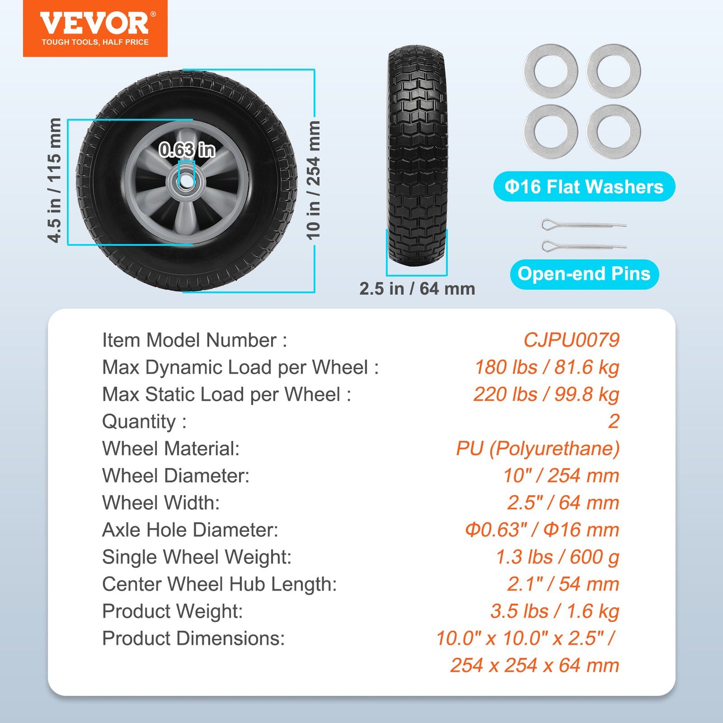 Solid PU Run-Flat Tire Wheels, 10", 2-Pack, 180 lbs Dynamic Load, 220 lbs Static Load, Flat-Free Tubeless Tires and Wheels for Hand Truck, Utility Cart, Dollies, Garden Trailers, Various Carts