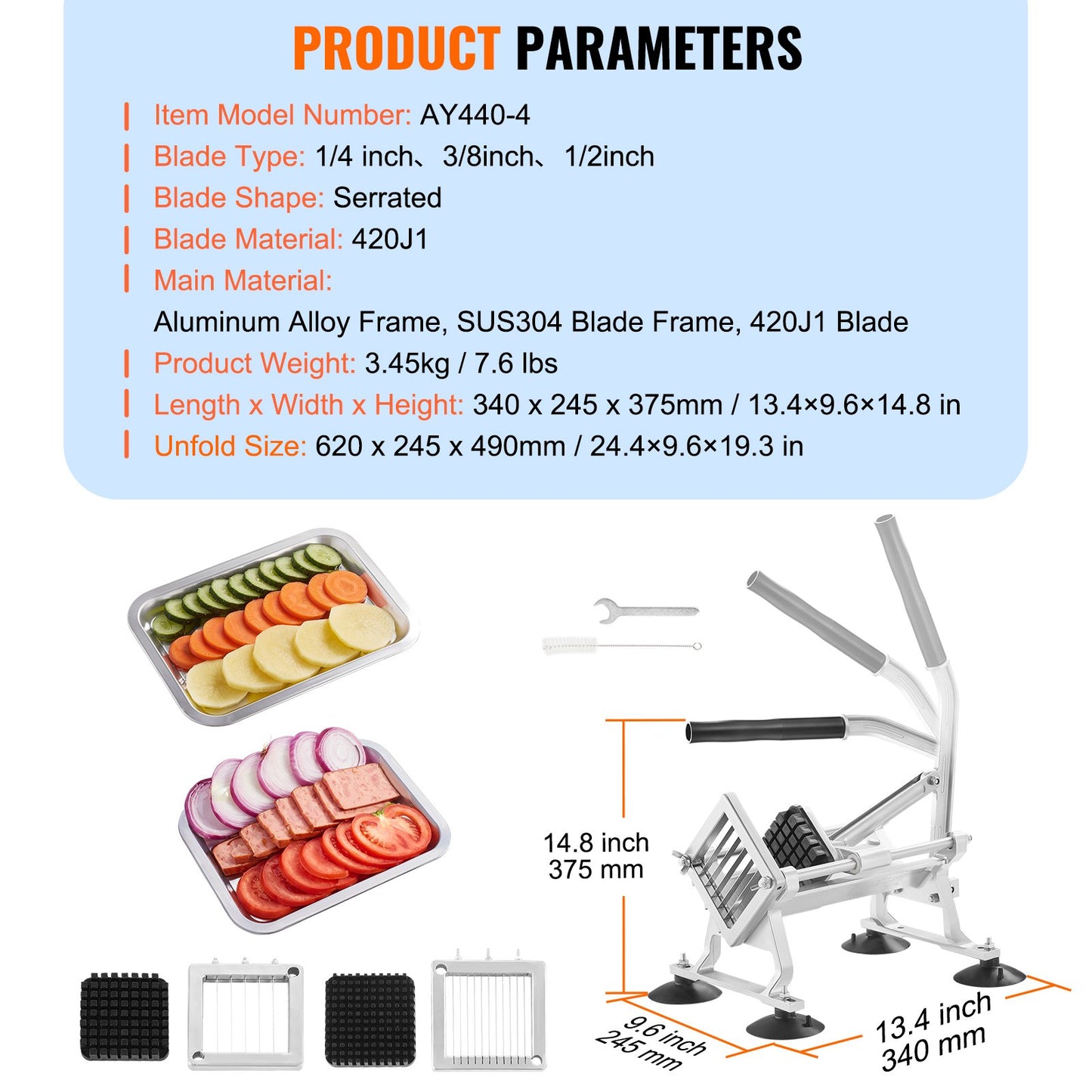 Kommersiell grönsaksskärare, 1/4"+3/8"+1/2" fruktskärare, grönsaksskärare i rostfritt stål och aluminiumlegering, manuell skärmaskin med halkfria fötter, för rädisor, lök, potatis