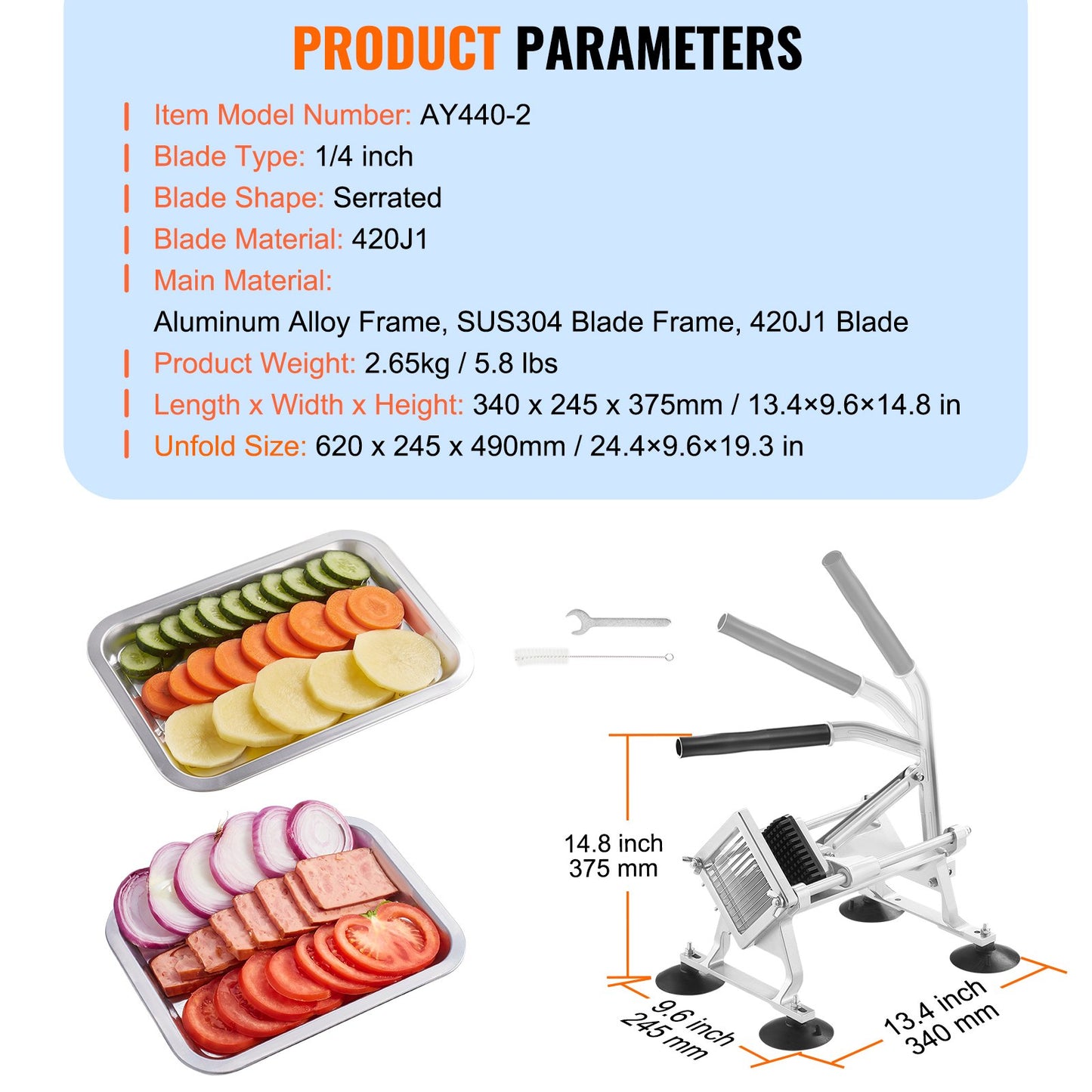 Kommersiell grönsaksskärare, 1/4 tums fruktskärare, grönsaksskärare i rostfritt stål och aluminiumlegering, manuell skärmaskin med halkfria fötter, för rädisor, lök, potatis, citroner