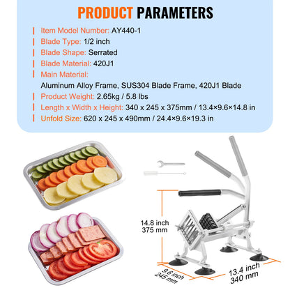 Kommersiell grönsaksskärare, 1/2 tums fruktskärare, grönsaksskärare i rostfritt stål och aluminiumlegering, manuell skärare med halkfria fötter, för rädisor, lök, potatis, citroner