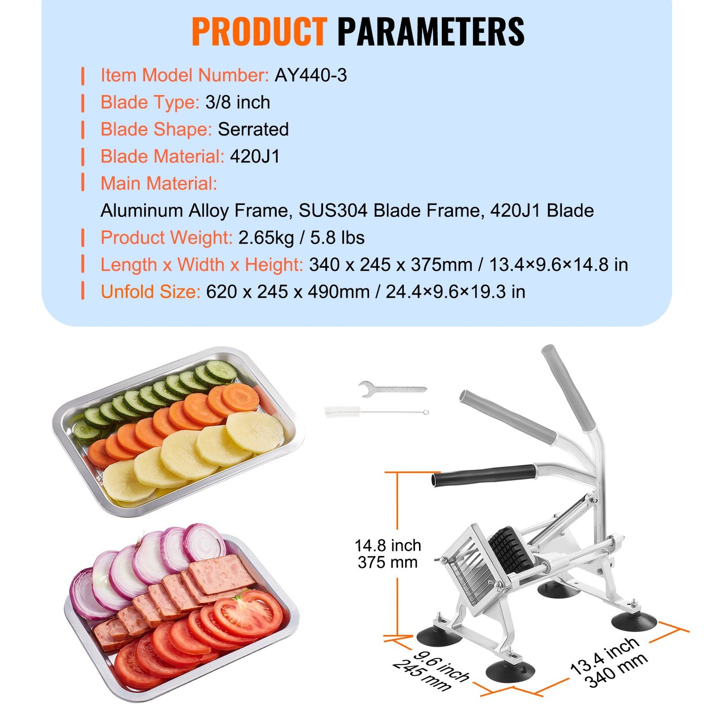 Kommersiell grönsaksskärare, 3/8 tums fruktskärare, grönsaksskärare i rostfritt stål och aluminiumlegering, manuell skärare med halkfria fötter, för rädisor, lök, potatis, citroner