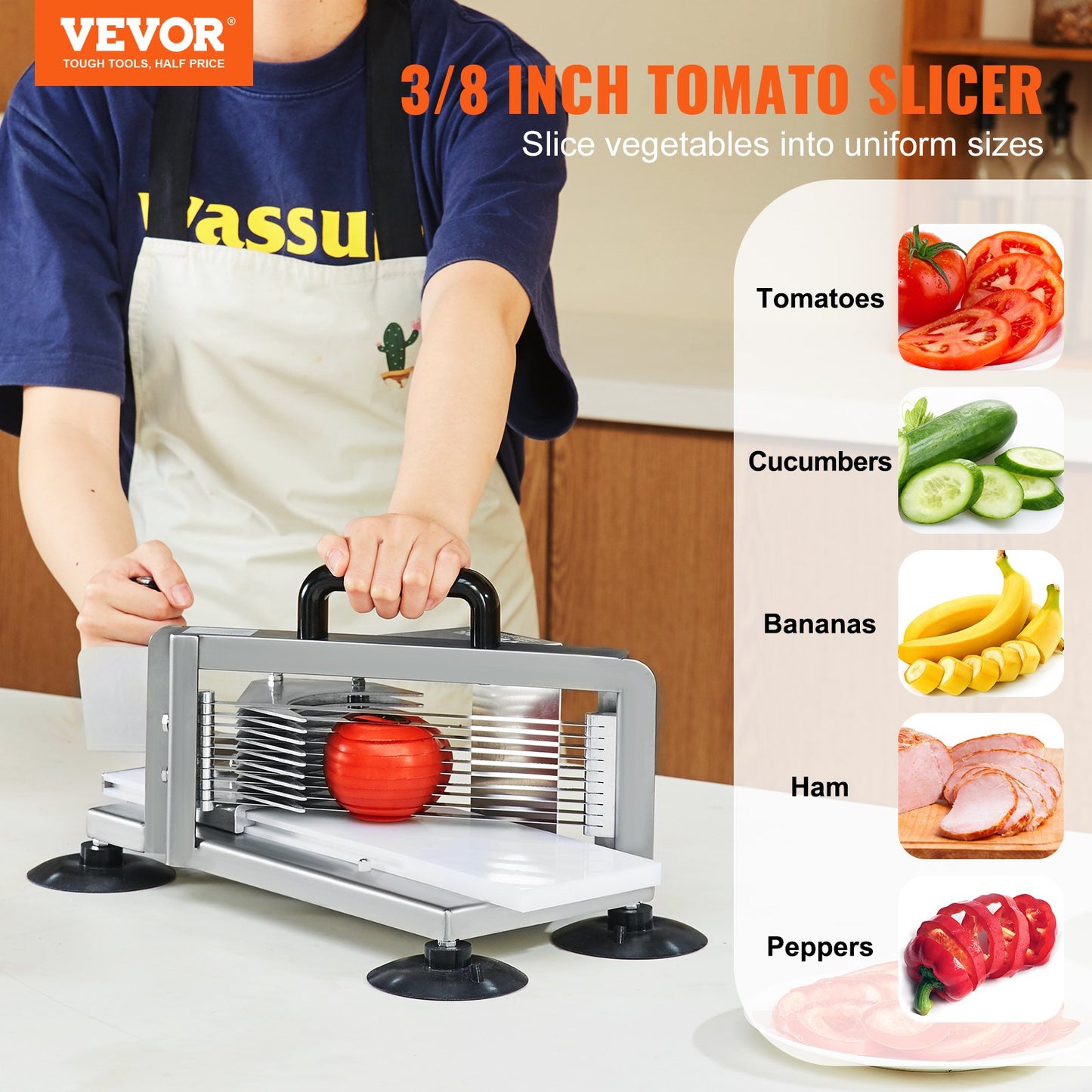 Kommersiell tomatskärare, 3/8 tums tomatskärare, rostfritt stål Heavy Duty tomatskärare, manuell tomatskärare med halkfria fötter, för att skära tomater, gurkor, bananer