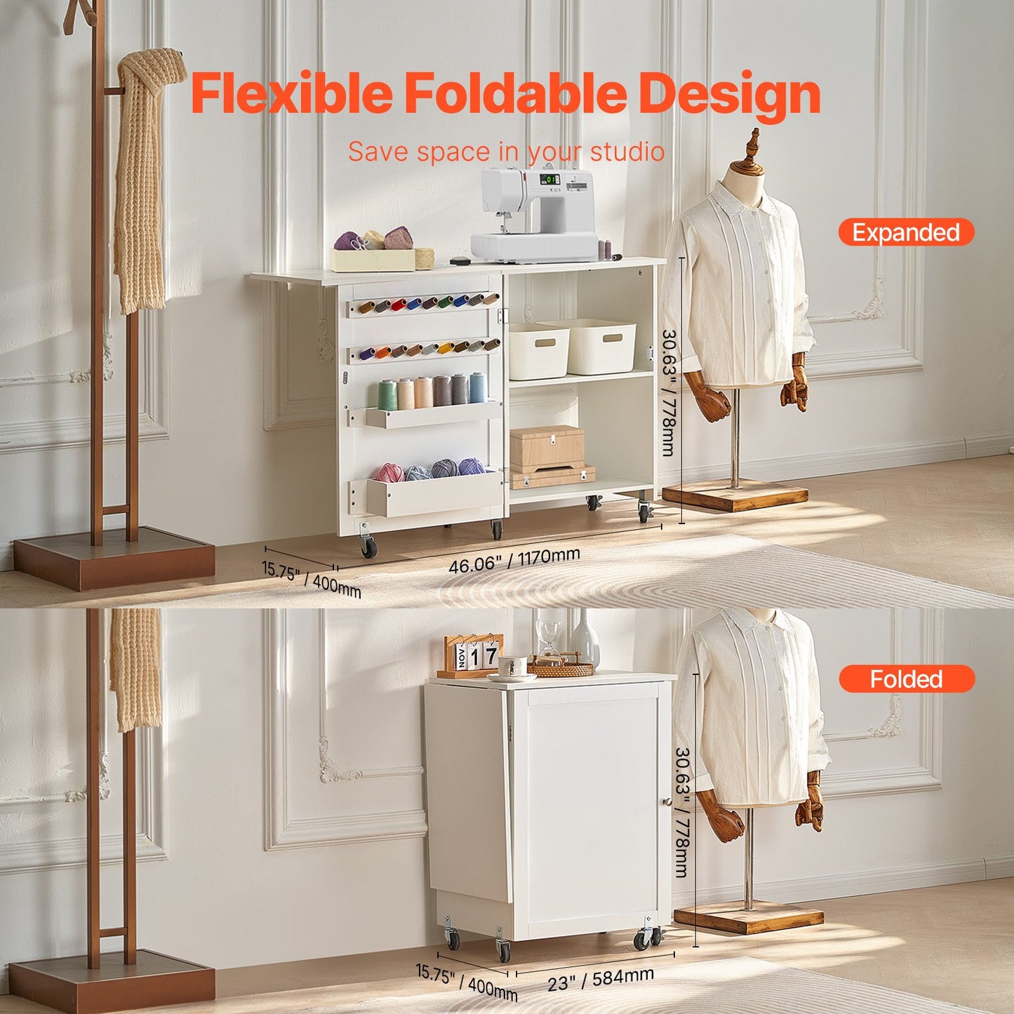 Folding Sewing Table with Lockable Wheels Storage Shelves Trays Door White