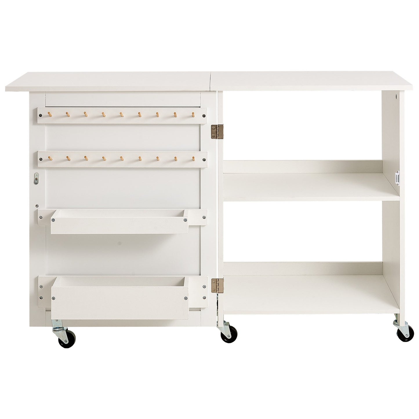 Folding Sewing Table with Lockable Wheels Storage Shelves Trays Door White