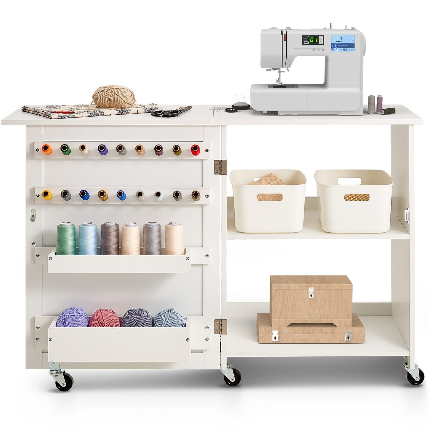 Folding Sewing Table with Lockable Wheels Storage Shelves Trays Door White