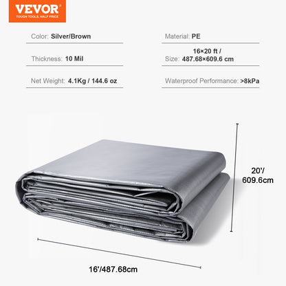 Tarp Vattentät 16x20 ft, plast Poly Tarp Cover 10 Mil, Multi Purpose Tear UV och temperaturbeständig utomhuspresenning med hög hållbarhet förstärkta genomföringar (silver/brun)